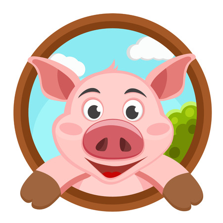 Pig looks out and smiles at the background of nature.のイラスト素材