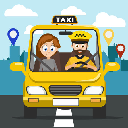 Taxi carries the girl to the address in the city.のイラスト素材