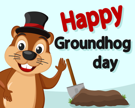 Groundhog in the hat Peeps out smiling and waving his paw.の写真素材