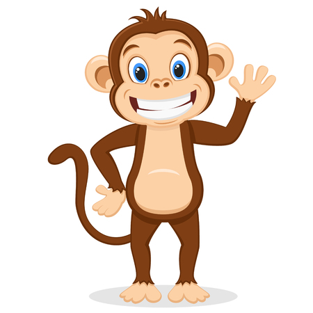 The monkey smiles and waves his paw on a white background.のイラスト素材