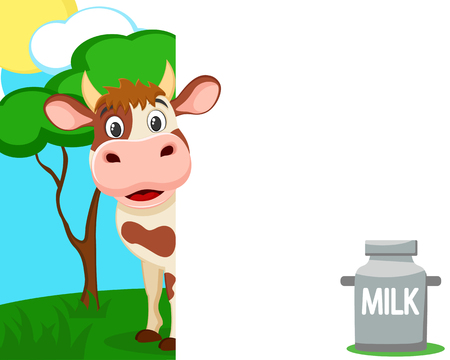 Cow looks out from behind a white shield against the background of nature. Place for textのイラスト素材