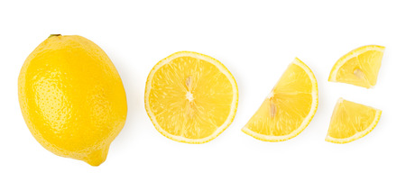 Set of lemon, slices, halves on a white. The form of the top.の写真素材