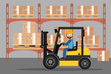 Driver of the forklift carries boxes in the warehouse. Business background.のイラスト素材