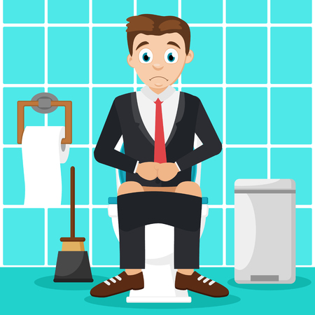 Man in a suit sitting on the toilet in the bathroom. Indigestion.のイラスト素材