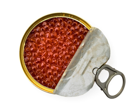 Tin of salmon caviar on a white background. The form of the top.