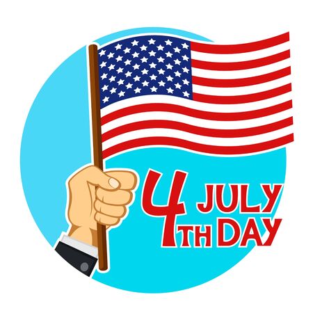 Man s hand holding the us flag, the fourth day of July. Postcard on a white background.のイラスト素材
