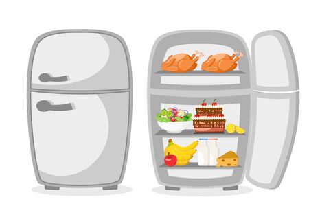 Closed and opened the refrigerator with food on a white.の写真素材