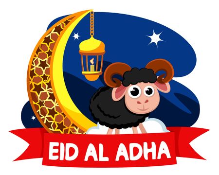 Month, lantern and black sheep, greeting card on a white. The Muslim holiday Eid al-Adha.のイラスト素材