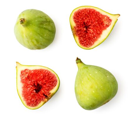 Set of green figs and two red halves on a white. The view of the top.の写真素材