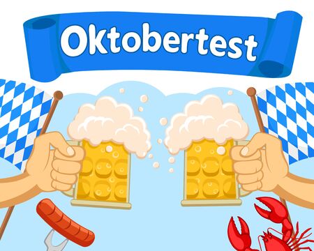 Hands with glasses of beer clink against a blue background. Oktoberfestの写真素材