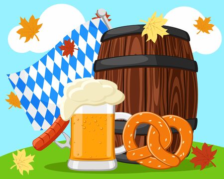 Wooden barrel with a glass of beer and pretzel in nature. Oktoberfestのイラスト素材
