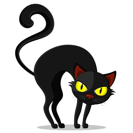A black cat with a curved back on a white background, a character. Halloweenのイラスト素材