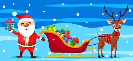 Santa Claus is holding a gift next to a sleigh and a deer on a blue background. Christmas charactersの写真素材