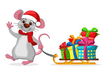 Mouse pulls a sled with gift boxes on a white background. New year characterのイラスト素材