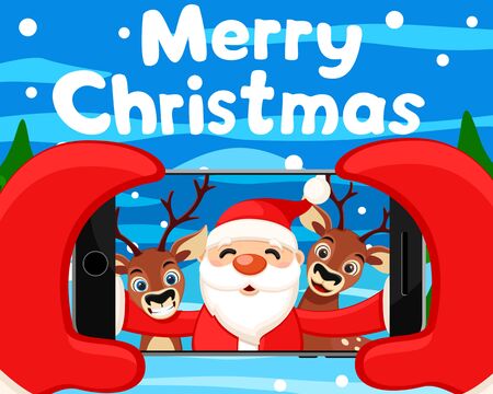 Santa Claus takes a selfie with reindeer on his phone. Christmas backgroundのイラスト素材