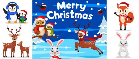 Set of Christmas animals on winter background. Family of penguins, deer, hare and forest on a white.のイラスト素材