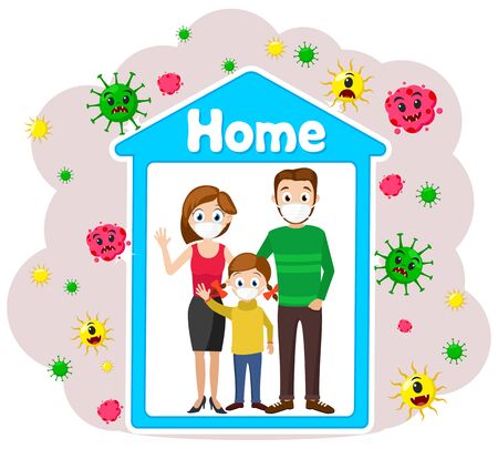 Family in protective medical masks quarantined at home, around viruses. Isolatedのイラスト素材