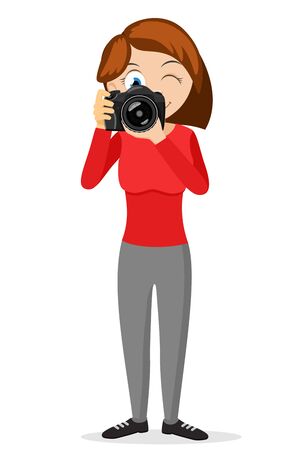 Photographer woman holding a reflex camera in her hands on a white background. Characterの写真素材