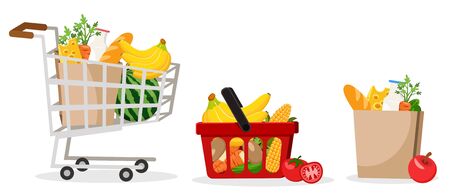 Set of trolleys, baskets and a grocery bag. Supermarket Productsの写真素材