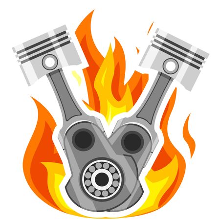 Two pistons with connecting rods on a background of fire, engine parts on a white backgroundのイラスト素材