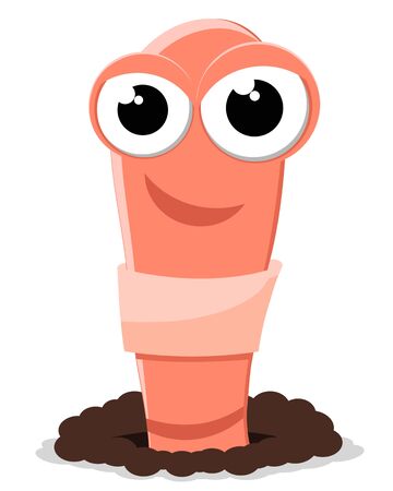 An earthworm crawled out of an earthen hole, a character on a white background.のイラスト素材