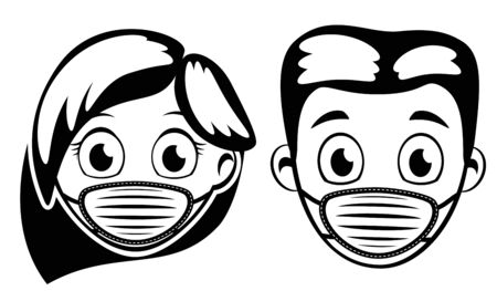 Face of man and woman in medical masks, a silhouette on a white background.のイラスト素材