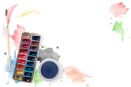 Watercolor paints, brush and glass of water on a white with watercolor strokes. Creative layout with place for textの写真素材