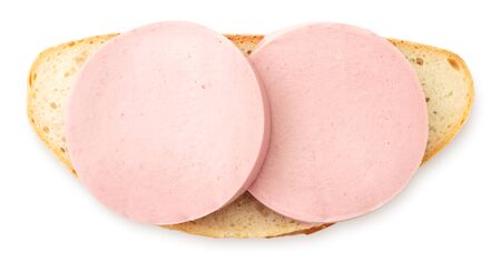 Sandwich with boiled sausage on a white background, isolated. The view from topの写真素材