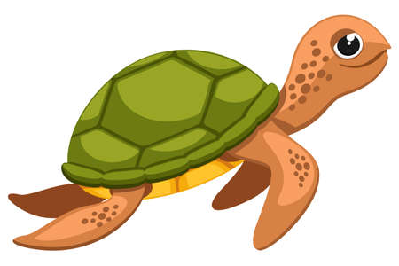 A green sea turtle smiles and swims. The character