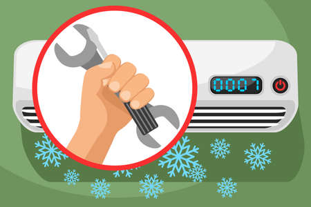 Air conditioning repair. A broken air conditioner hangs on the wall and blows in the cold. Logtypeのイラスト素材