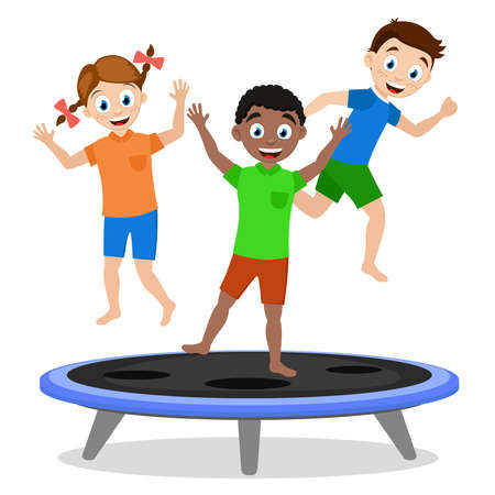 Children boys and girls jumping on a trampoline on a white backgroundのイラスト素材