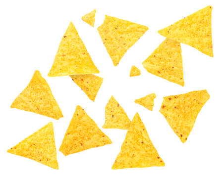 Triangular chips on a white background are flying. Isolatedの写真素材