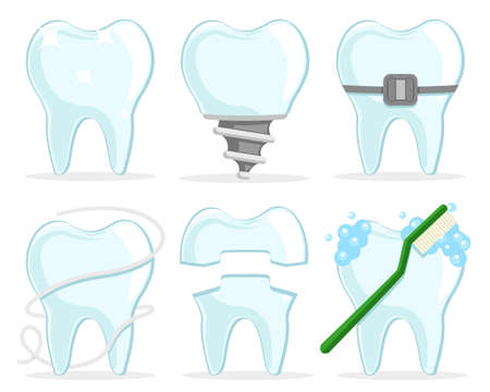 Set of teeth with a pin, braces, dental floss and a toothbrush on a white background.のイラスト素材