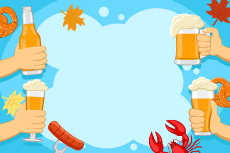 Beer in hands with lobster, sausage and pretzels on a blue background. Place for textのイラスト素材