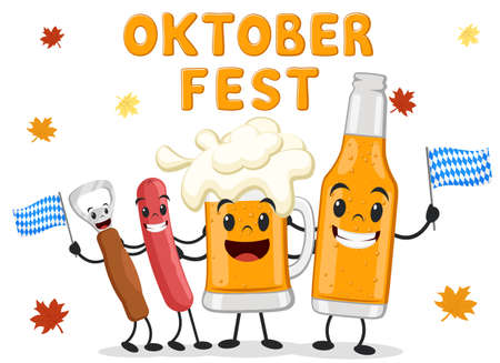 Characters beer, sausage and bottle opener are hugging on a white background. Oktoberfestのイラスト素材