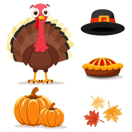 Bird turkey set with hat, pie and pumpkins on white backgroundのイラスト素材
