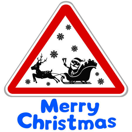 Silhouette of Santa Claus with a deer in a road sign, Caution Santa. Merry christmas and new yearのイラスト素材