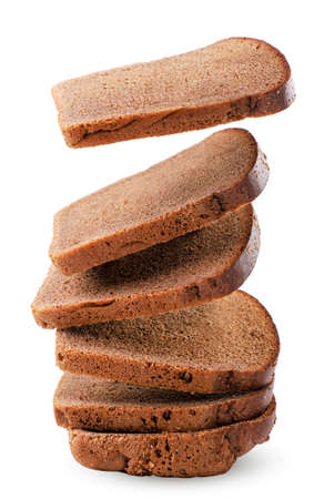 Rye bread sliced falling close-up on a white background, levitating bread. Isolatedの写真素材