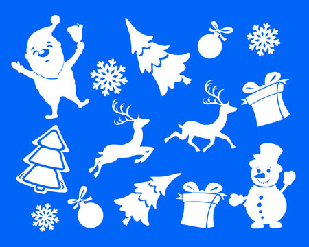 Christmas set of silhouettes of santa, reindeer and snowman on a blue.のイラスト素材