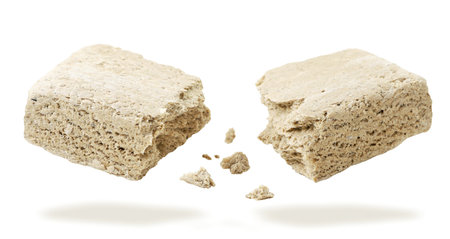 Halva pieces fall close-up on a white background. Isolatedの写真素材