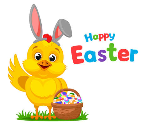 Easter chicken with a basket of colorful eggs on a white background. Happy easterのイラスト素材