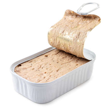 Canned pate in an open jar close-up on a white background. Isolatedの写真素材