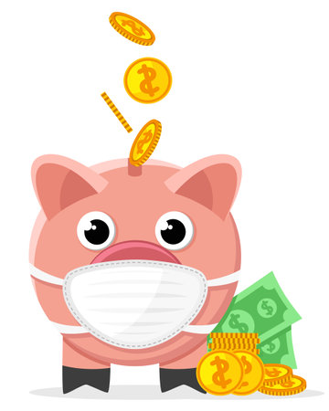 Pig piggy bank with money and in a face mask on a white backgroundのイラスト素材