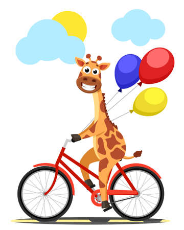 Giraffe rides a bicycle with balloons on a white background. The characterのイラスト素材