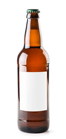 Beer bottle with blank label close-up on a white background. Mockupの写真素材