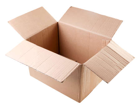 Opened cardboard box close-up on a white background. Isolated
