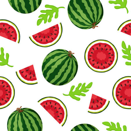 Ripe watermelons, halves and pieces on a white background. Seamless pattern