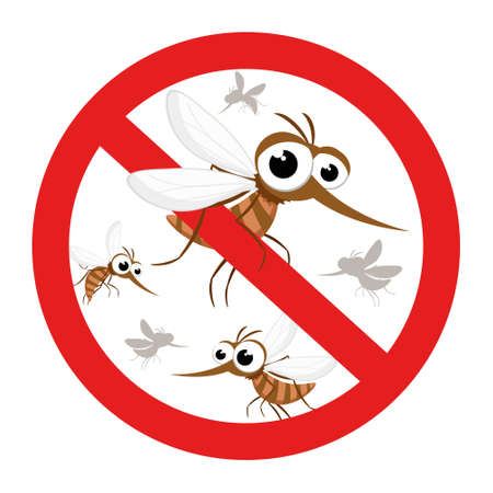 Mosquitoes behind a red stop sign on a white background. Isolatedのイラスト素材