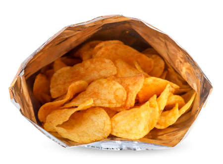 Potato chips in a package close-up on a white background. Isolated