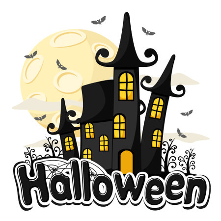 Castle on the background of the moon and bats. Halloween partyのイラスト素材